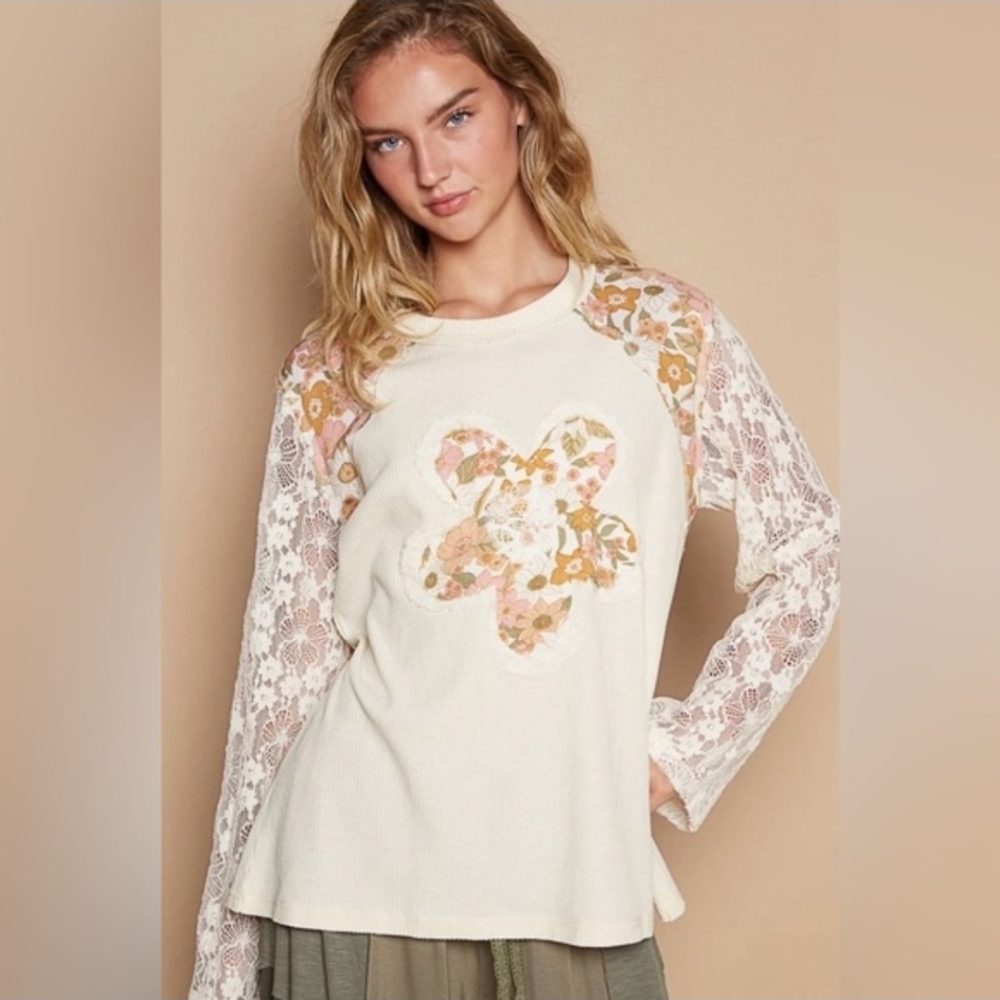 POL Cream Floral Patchwork Lace-Sleeve Top